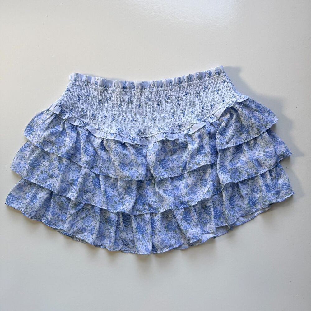 Arula Women's Skirt 1X Blue Floral Ruffle Cottagecore Smocked Waist Tiered Lined